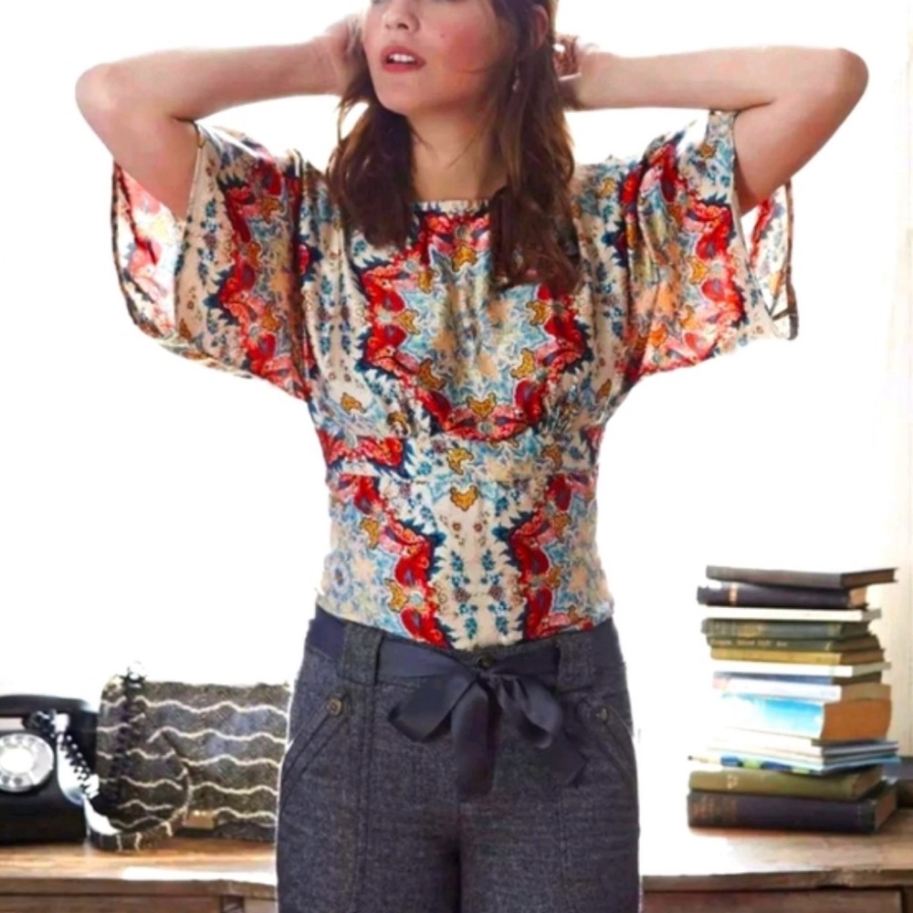 AKA New York Red Ruffled Fitted Blouse by Anthropologie